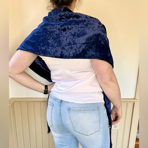 YSL Yves Saint Laurent Rive Gauche Paris Vintage Velvet Scarf 66”x12” Blue - Picture 5 of 10